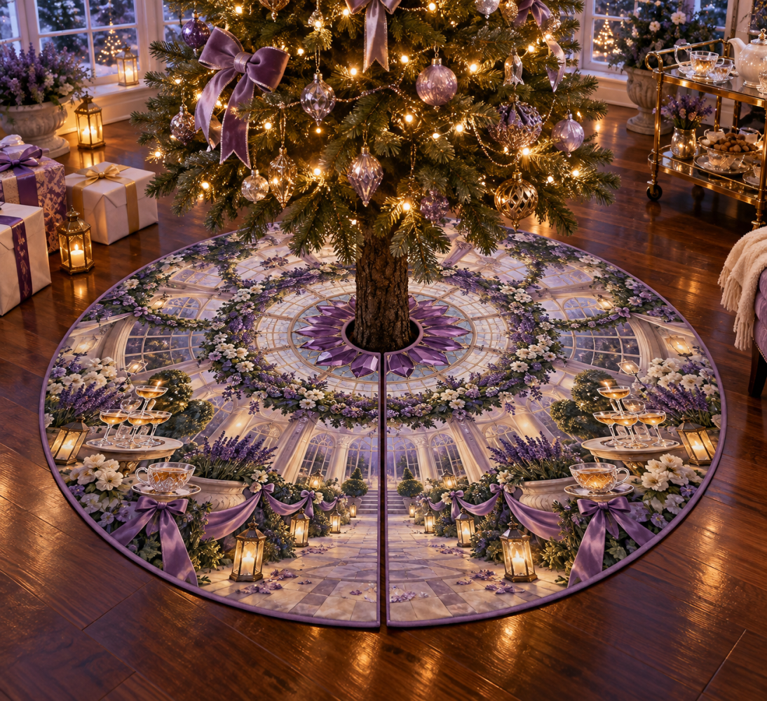 Lavender Welcome Conservatory Tree Skirt — Soft Lavender Velvet Holiday Base With Elegant Embroidery, Anti-Slip Backing & Machine-Washable Convenience
