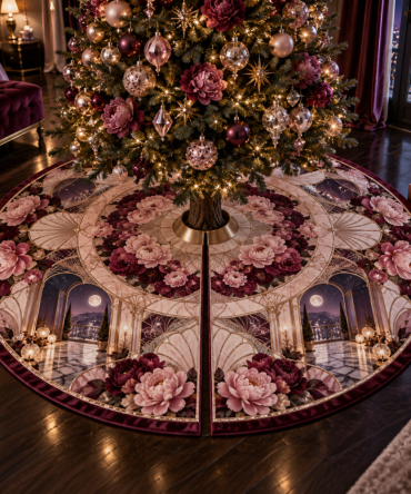 Peony Celestial Boudoir Velvet Tree Skirt — Romantic Holiday Base With Starry Embroidery, Plush Texture & Reversible Styling For Intimate Seasonal Ambiance