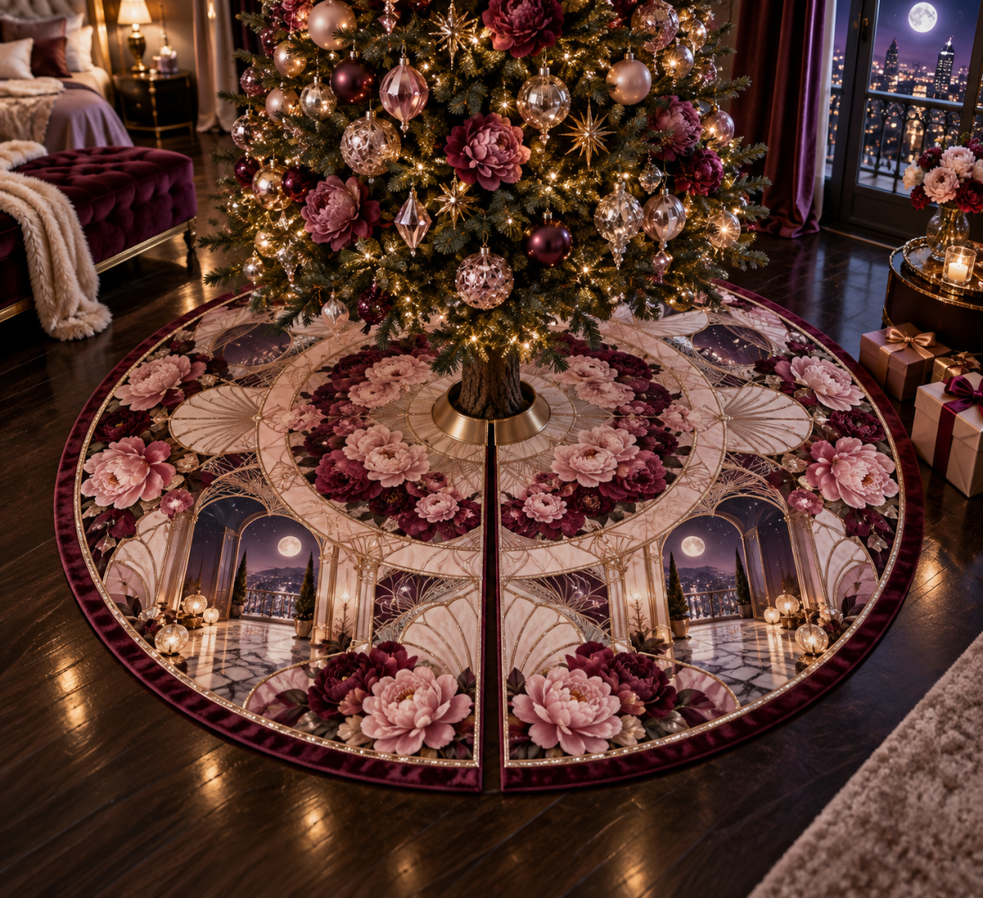 Peony Celestial Boudoir Velvet Tree Skirt — Romantic Holiday Base With Starry Embroidery, Plush Texture & Reversible Styling For Intimate Seasonal Ambiance