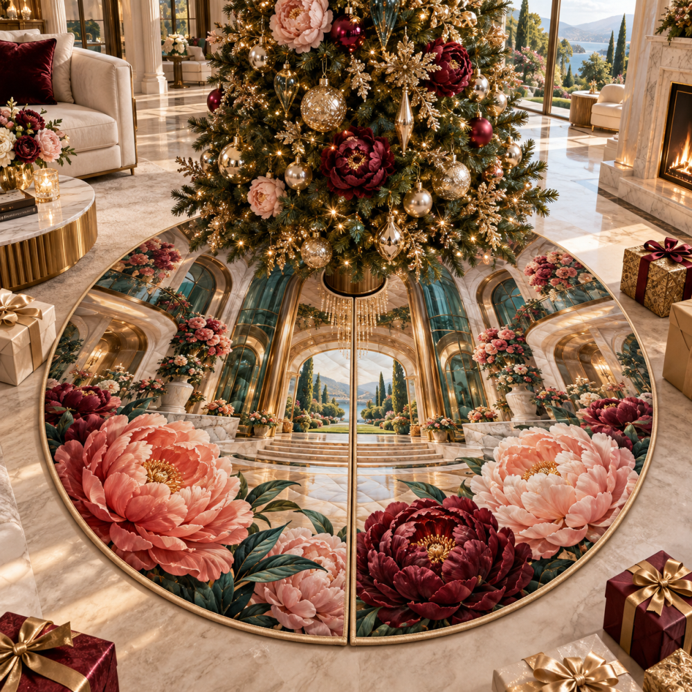 Peony Grand Salon Luxury Tree Skirt — Opulent Velvet Holiday Base With Lavish Embroidery, Full Diameter Coverage & Soft Underside For Classic Seasonal Elegance