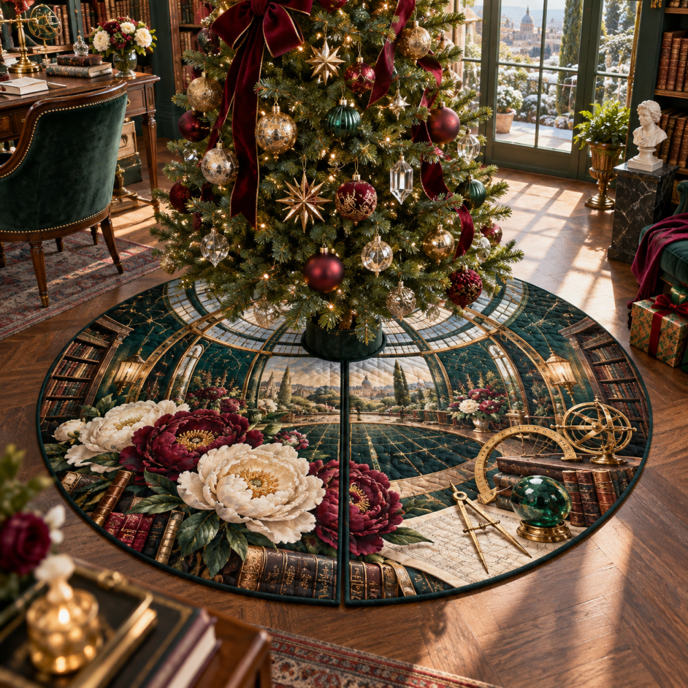 Peony Architect Observatory Tree Skirt — Designer Velvet Holiday Base With Geometric Embroidery, Durable Construction & Plush Lining For Modern Christmas Styling