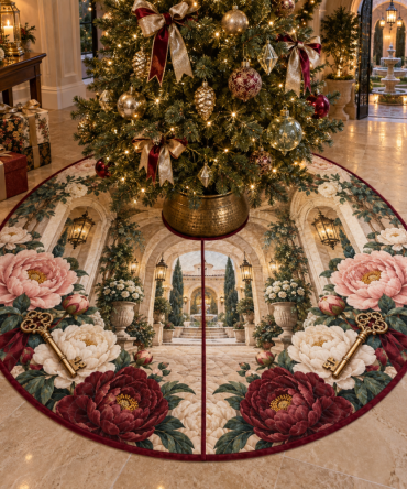 Peony Welcome Atrium Holiday Tree Skirt — Warm, Inviting Velvet Base With Detailed Embroidery & Anti-Slip Backing For Cozy Family-Friendly Christmas Decor