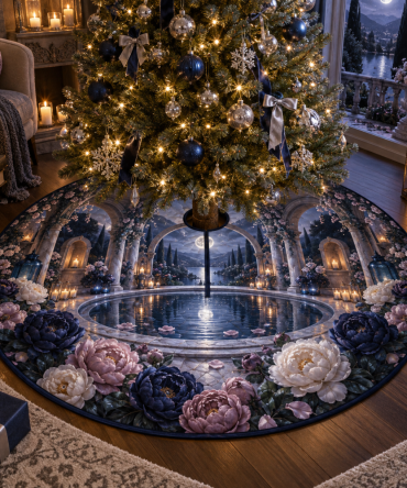 Peony Moonwell Sanctuary Holiday Tree Skirt — Luxurious Velvet Base With Ornate Floral Detail, Plush Padding & Protective Backing For Elegant Seasonal Displays