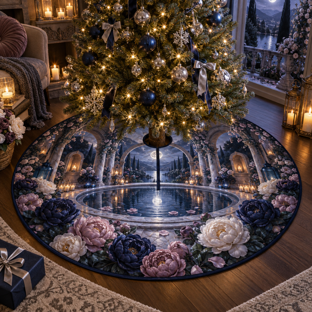 Peony Moonwell Sanctuary Holiday Tree Skirt — Luxurious Velvet Base With Ornate Floral Detail, Plush Padding & Protective Backing For Elegant Seasonal Displays