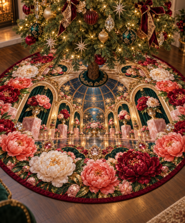 Festive Peony Jubilee Velvet Tree Skirt — Statement Holiday Decor With Intricate Embroidery, Full-Coverage Fit & Soft Lining For Warm Seasonal Styling