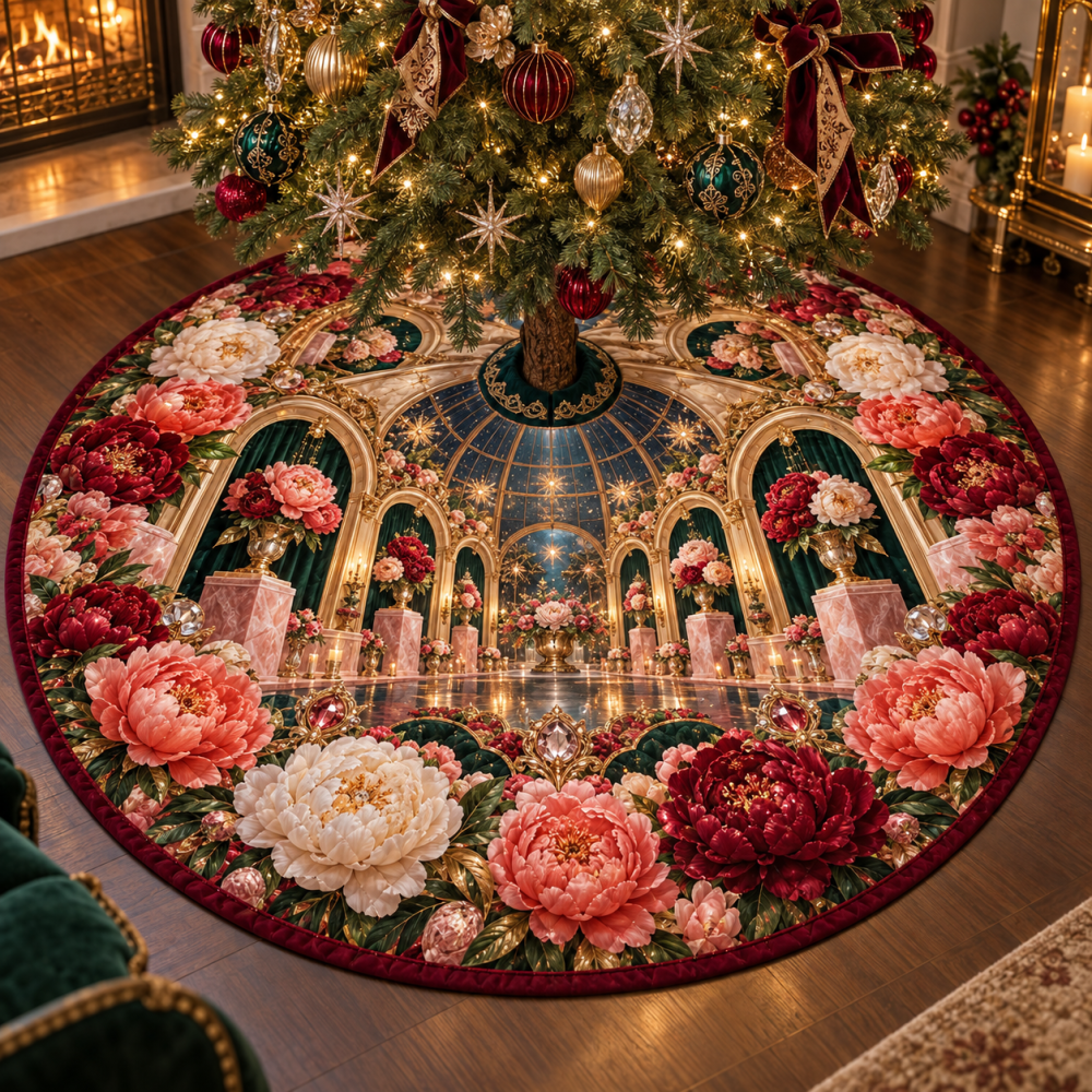Festive Peony Jubilee Velvet Tree Skirt — Statement Holiday Decor With Intricate Embroidery, Full-Coverage Fit & Soft Lining For Warm Seasonal Styling