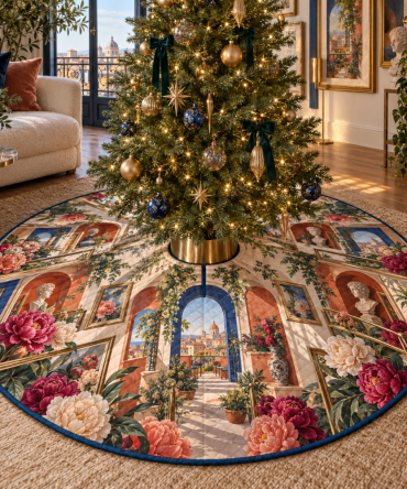 Modern Peony Velvet Christmas Tree Skirt — Sleek Loft-Inspired Holiday Floor Cover With Soft Plush Backing, Decorative Embroidery & Secure Closure