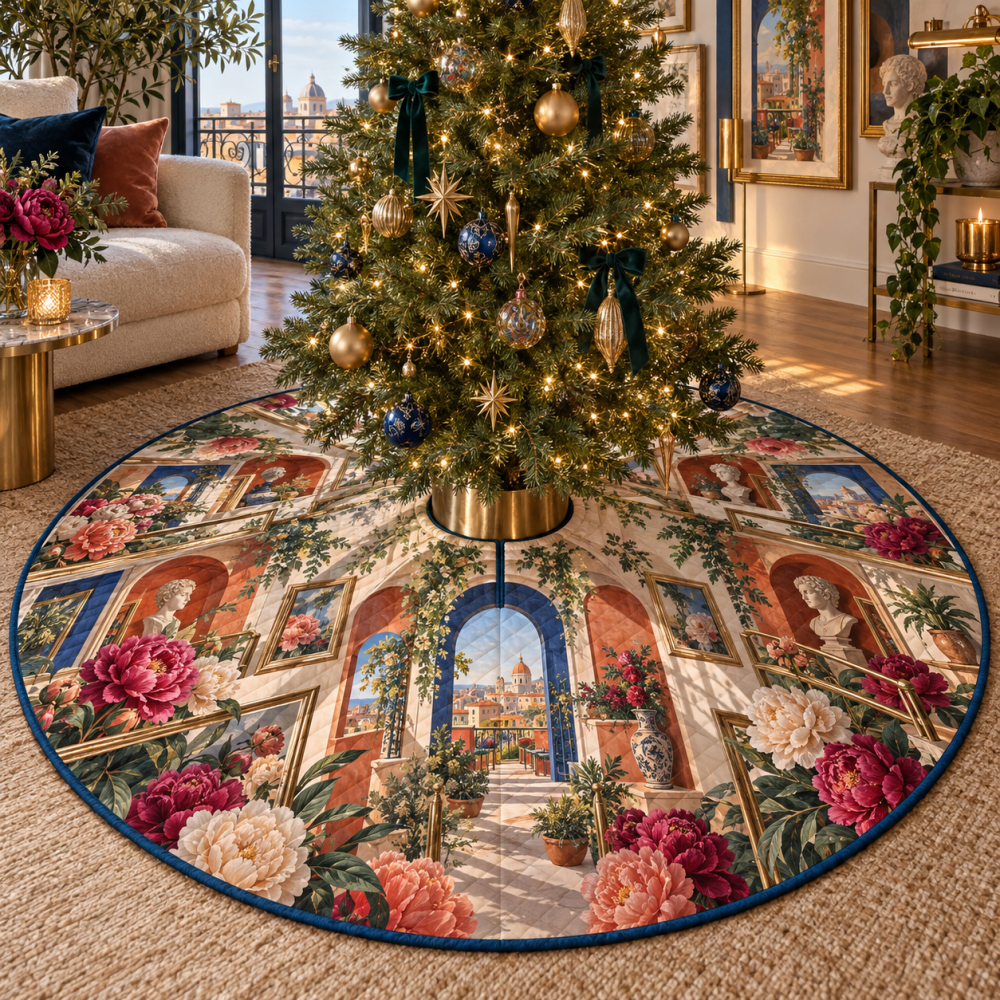 Modern Peony Velvet Christmas Tree Skirt — Sleek Loft-Inspired Holiday Floor Cover With Soft Plush Backing, Decorative Embroidery & Secure Closure