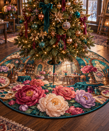 Luxury Peony Floral Velvet Christmas Tree Skirt — Plush Embroidered Holiday Base, Reversible & Machine-Washable For Elegant Living Room Decor