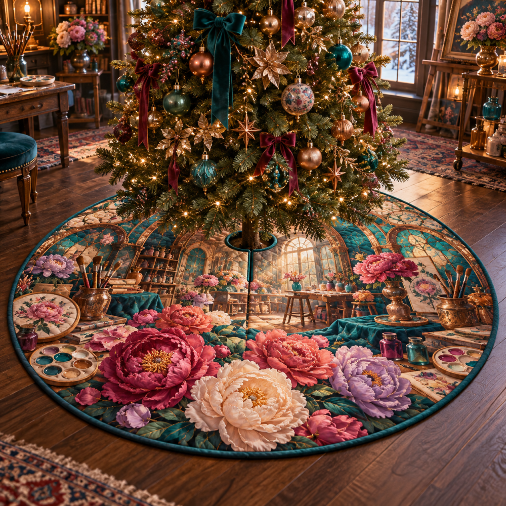 Luxury Peony Floral Velvet Christmas Tree Skirt — Plush Embroidered Holiday Base, Reversible & Machine-Washable For Elegant Living Room Decor