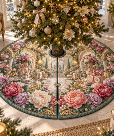 Peony Gracious Conservatory Holiday Tree Skirt — Lush Pink Peony Velvet, 66" Round, Elegant Conservatory & Garden-Style Christmas Accent