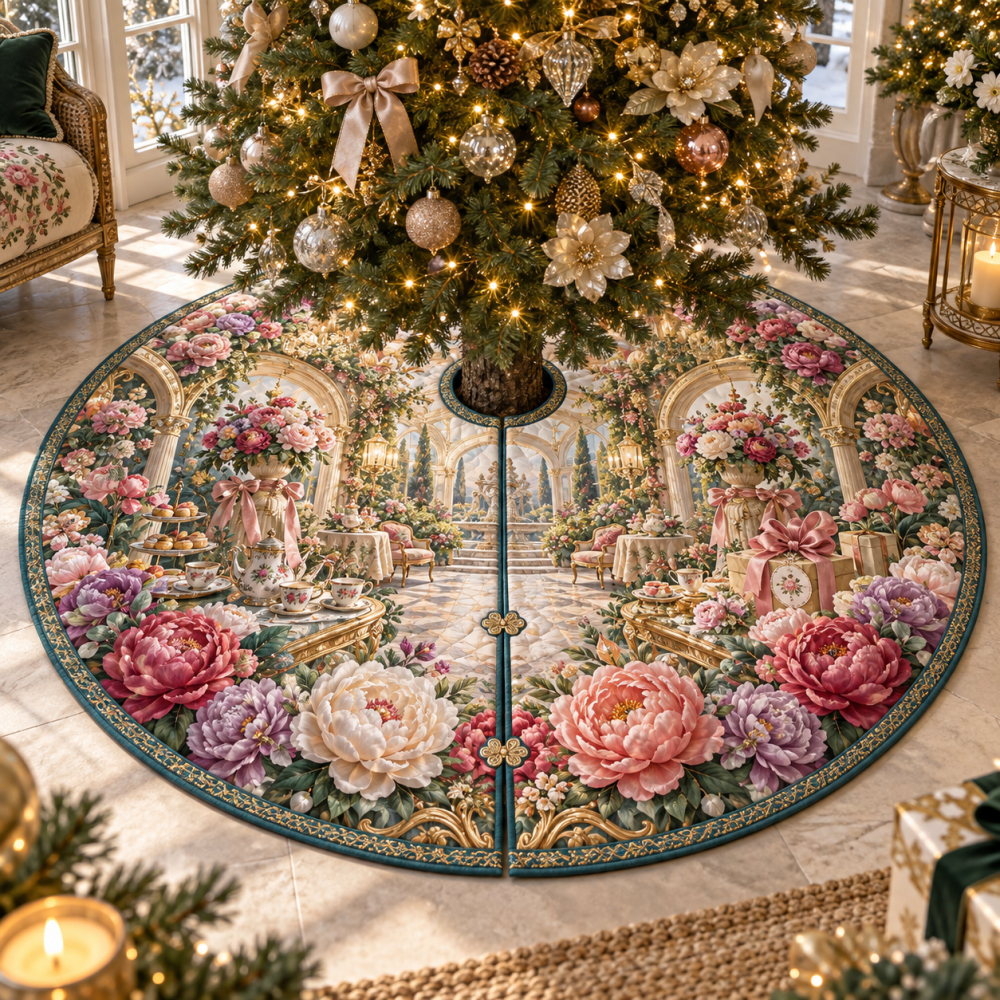 Peony Gracious Conservatory Holiday Tree Skirt — Lush Pink Peony Velvet, 66" Round, Elegant Conservatory & Garden-Style Christmas Accent