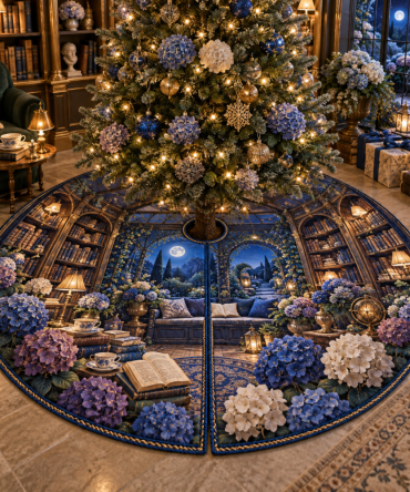 Hydrangea Moonlit Library Holiday Tree Skirt — Deep Teal Floral Velvet, 70" Round, Cozy Library & Study Christmas Foundation