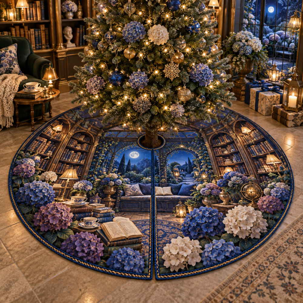 Hydrangea Moonlit Library Holiday Tree Skirt — Deep Teal Floral Velvet, 70" Round, Cozy Library & Study Christmas Foundation