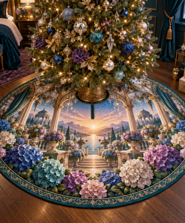 Hydrangea Aurora Boudoir Holiday Tree Skirt — Soft Lavender-Blue Floral Velvet, 58" Round, Romantic Boudoir & Vintage Christmas Accent