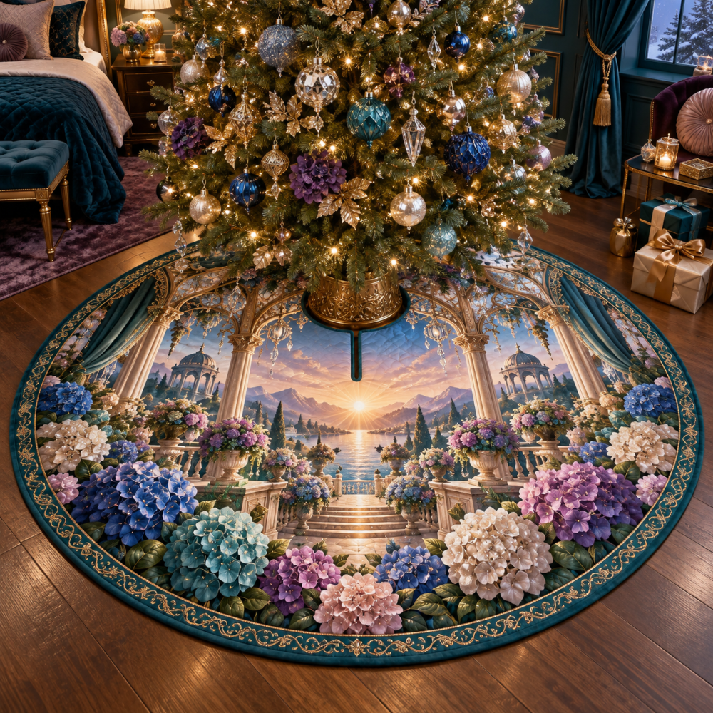 Hydrangea Aurora Boudoir Holiday Tree Skirt — Soft Lavender-Blue Floral Velvet, 58" Round, Romantic Boudoir & Vintage Christmas Accent