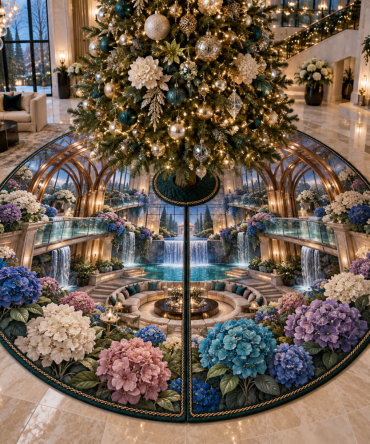 Hydrangea Cascade Atrium Holiday Tree Skirt — Layered Blue Bloom Velvet, 64" Round, Elegant Atrium & Open-Space Christmas Accent