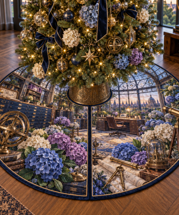 Hydrangea Architect Observatory Holiday Tree Skirt — Modern Blue Floral Design, 66" Round, Sleek Contemporary Christmas Base Cover