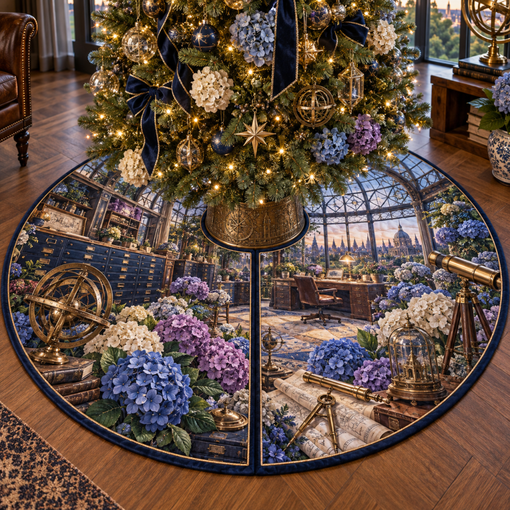 Hydrangea Architect Observatory Holiday Tree Skirt — Modern Blue Floral Design, 66" Round, Sleek Contemporary Christmas Base Cover