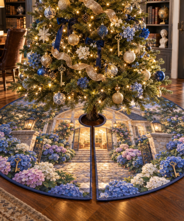 Hydrangea Welcome Manor Holiday Tree Skirt — Classic Navy & White Hydrangea Motif, 68" Round, Timeless Manor-Style Christmas Décor