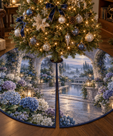 Hydrangea Whispering Courtyard Holiday Tree Skirt — Soft Pastel Floral Velvet, 56" Round, Romantic Garden-Inspired Christmas Accent