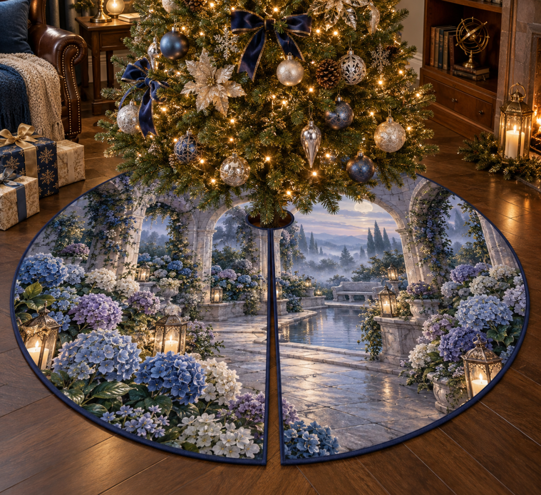 Hydrangea Whispering Courtyard Holiday Tree Skirt — Soft Pastel Floral Velvet, 56" Round, Romantic Garden-Inspired Christmas Accent