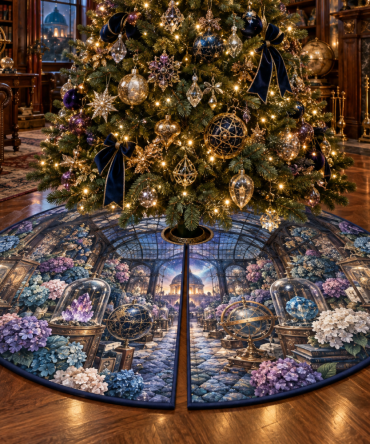 Hydrangea Curio Gallery Holiday Tree Skirt — Vintage Blue Floral Velvet, 70" Round, Gallery-Ready Seasonal Accent For Large Trees
