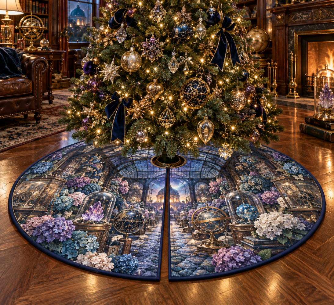 Hydrangea Curio Gallery Holiday Tree Skirt — Vintage Blue Floral Velvet, 70" Round, Gallery-Ready Seasonal Accent For Large Trees