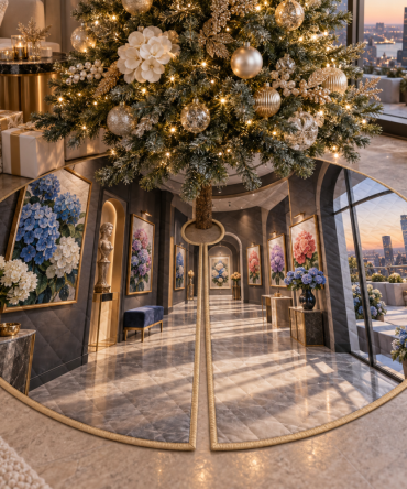 Hydrangea Perspective Salon Holiday Tree Skirt — Elegant Indigo Hydrangea Print, 62" Round, Luxury Floral Base For Christmas Trees