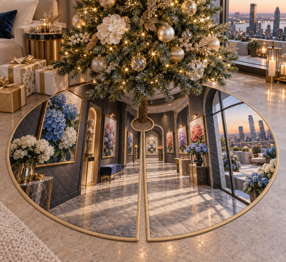 Hydrangea Perspective Salon Holiday Tree Skirt — Elegant Indigo Hydrangea Print, 62" Round, Luxury Floral Base For Christmas Trees