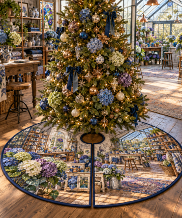 Hydrangea Maker'S Lantern Loft Holiday Tree Skirt — Artisan Blue Floral Velvet, 64" Round, Rustic-Chic Seasonal Decor With Durable Stitching