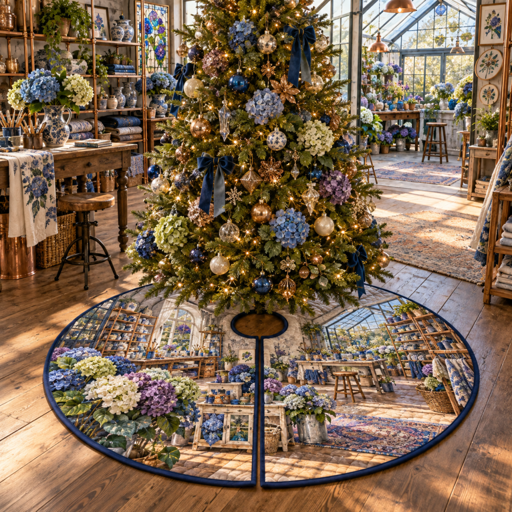 Hydrangea Maker'S Lantern Loft Holiday Tree Skirt — Artisan Blue Floral Velvet, 64" Round, Rustic-Chic Seasonal Decor With Durable Stitching