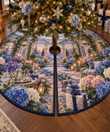 Hydrangea Gracious Host Holiday Tree Skirt — Soft Blue Hydrangea Velvet, 60" Round, Elegant Cottage & Coastal Christmas Accent