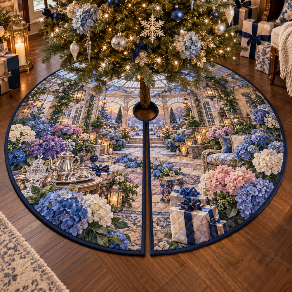 Hydrangea Gracious Host Holiday Tree Skirt — Soft Blue Hydrangea Velvet, 60" Round, Elegant Cottage & Coastal Christmas Accent