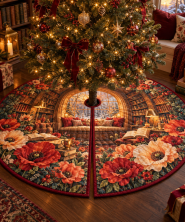 Poppy Emberlight Library Holiday Tree Skirt — Warm Velvet Floral With Bronze Accents, 58" Round, Cozy Classic Christmas Decor