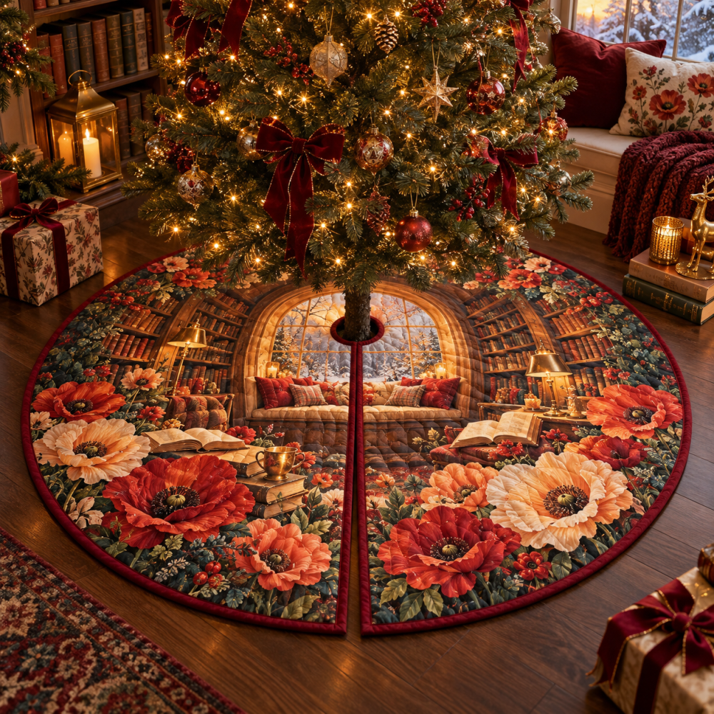 Poppy Emberlight Library Holiday Tree Skirt — Warm Velvet Floral With Bronze Accents, 58" Round, Cozy Classic Christmas Decor