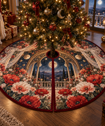 Poppy Celestial Canopy Holiday Tree Skirt — Starry Velvet Poppy Design, 66" Round, Festive Red & Navy Contrast, Premium Quality