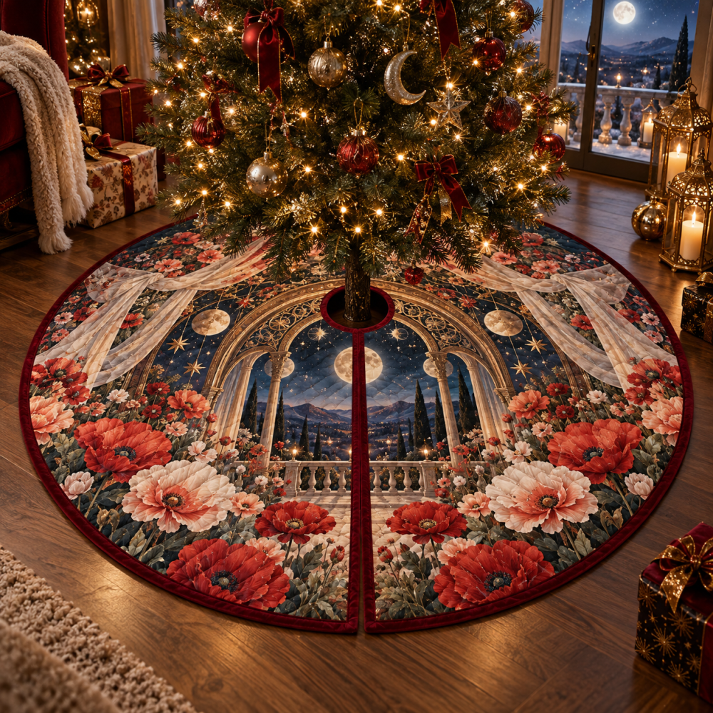 Poppy Celestial Canopy Holiday Tree Skirt — Starry Velvet Poppy Design, 66" Round, Festive Red & Navy Contrast, Premium Quality