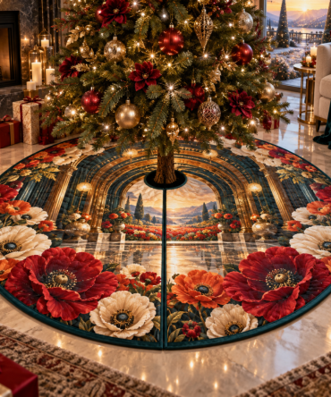 Poppy Grand Salon Holiday Tree Skirt — Elegant Red Velvet Floral With Gold Embroidery, 72" Oversized, Reversible & Durable