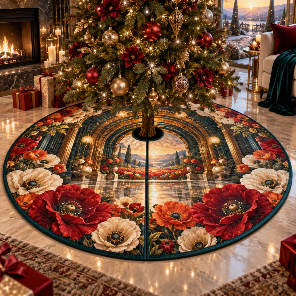 Poppy Grand Salon Holiday Tree Skirt — Elegant Red Velvet Floral With Gold Embroidery, 72" Oversized, Reversible & Durable