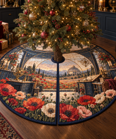 Poppy Cartographer-Inspired Holiday Tree Skirt — Luxurious Velvet Poppy Floral Motif, 60" Round, Easy-Care & Gift-Ready