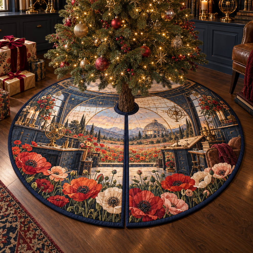 Poppy Cartographer-Inspired Holiday Tree Skirt — Luxurious Velvet Poppy Floral Motif, 60" Round, Easy-Care & Gift-Ready
