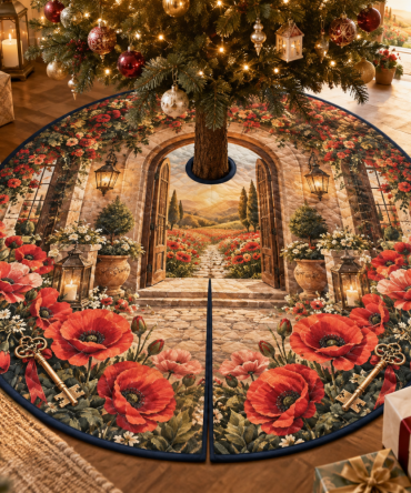 Welcome House Atrium Christmas Tree Skirt — Poppy Warm Classic Holiday Skirt For Family Rooms And Festive Home Entrances