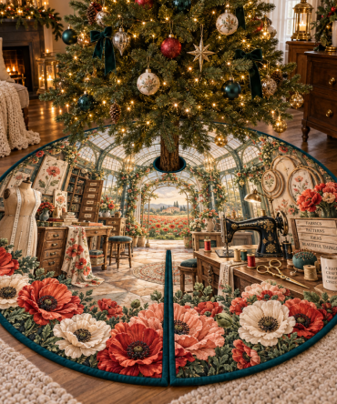 Luminous Maker Atelier Christmas Tree Skirt — Poppy Designer Holiday Skirt For Bright, Artistic Tree Bases & Stylish Gift Displays