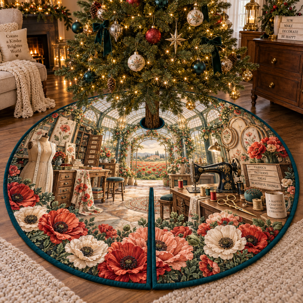 Luminous Maker Atelier Christmas Tree Skirt — Poppy Designer Holiday Skirt For Bright, Artistic Tree Bases & Stylish Gift Displays