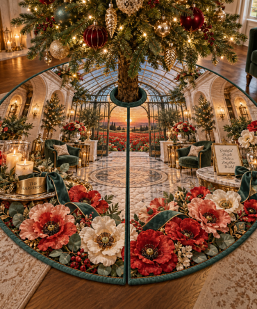 Gracious Welcome Pavilion Christmas Tree Skirt — Poppy Plush Holiday Skirt For Warm Entrances And Inviting Seasonal Displays