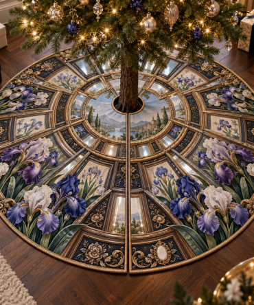 Atelier-Inspired Framed Christmas Tree Skirt — Iris Designer Holiday Skirt For Chic Interiors And Seamless Tree Base Styling