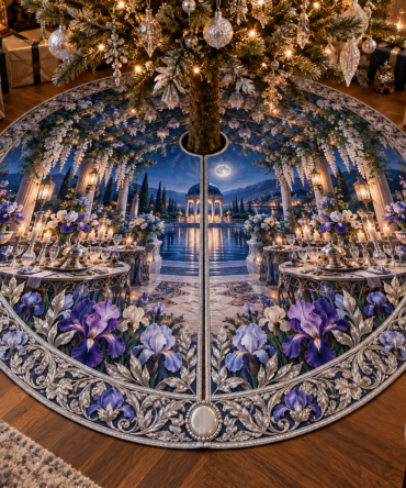Iris Silverleaf Supper Terrace Tree Skirt - Chic Silver Floral Base Cover For Holiday Trees, Sleek Finish & Modern Appeal
