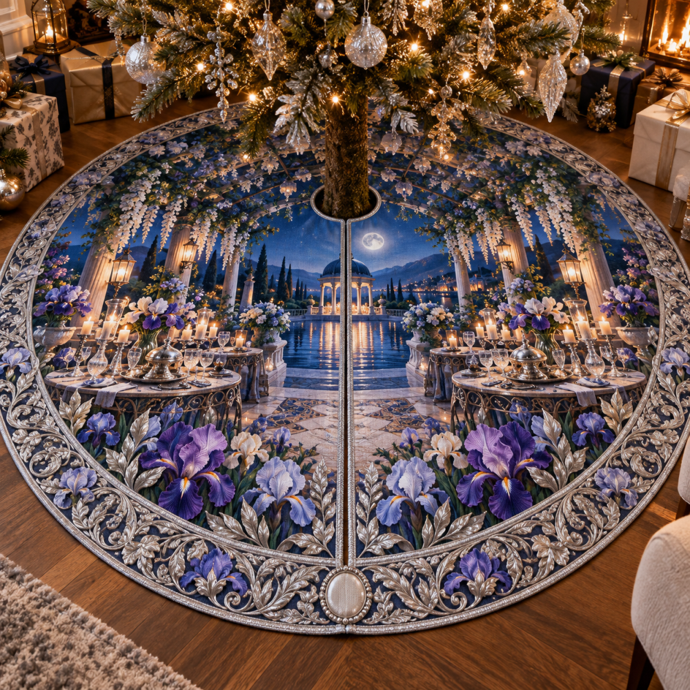 Iris Silverleaf Supper Terrace Tree Skirt - Chic Silver Floral Base Cover For Holiday Trees, Sleek Finish & Modern Appeal