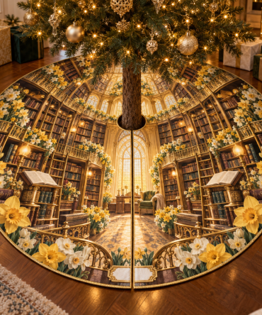 Daffodil Golden Chapter Loft Tree Skirt - Luxurious Golden Floral Base Cover For Christmas Trees, Soft Backing & Refined Trim